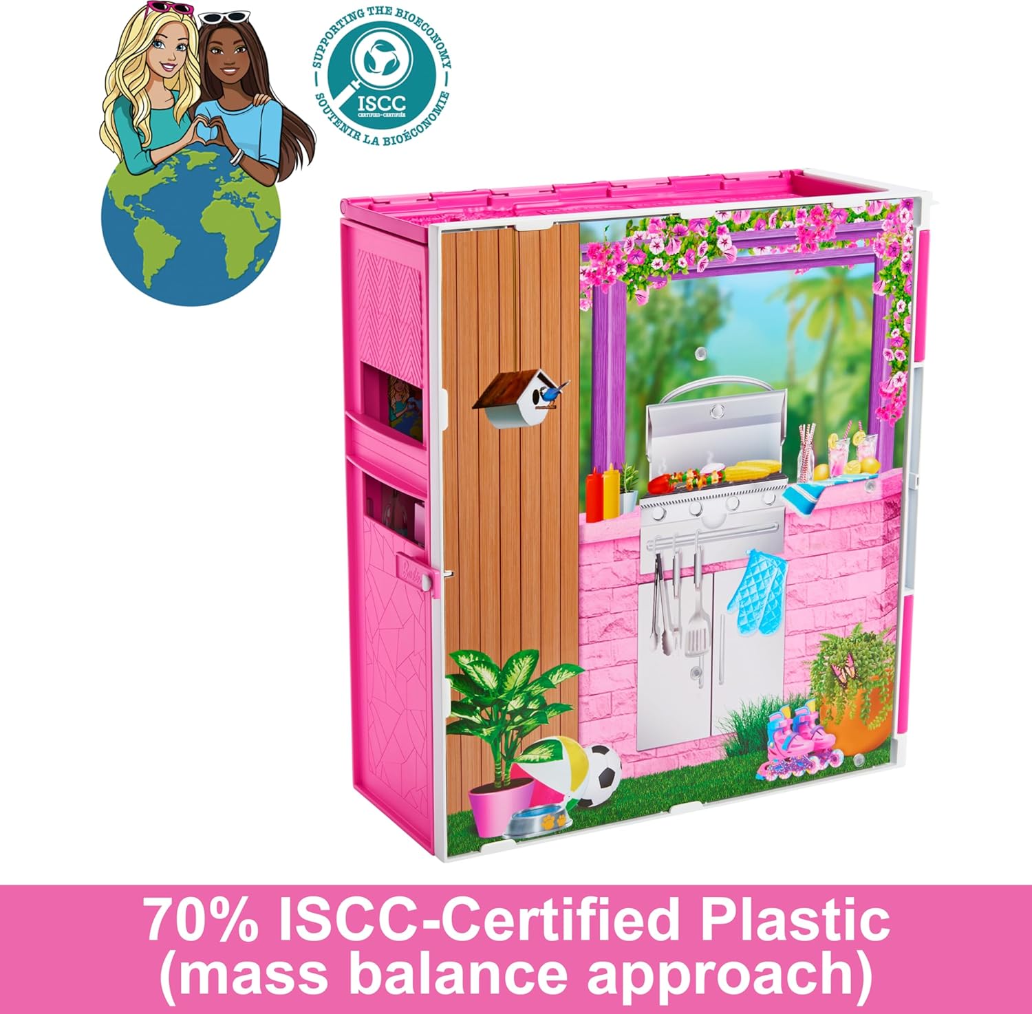 Pink playhouse with outdoor furniture and decor, featuring ISCC certification logo.