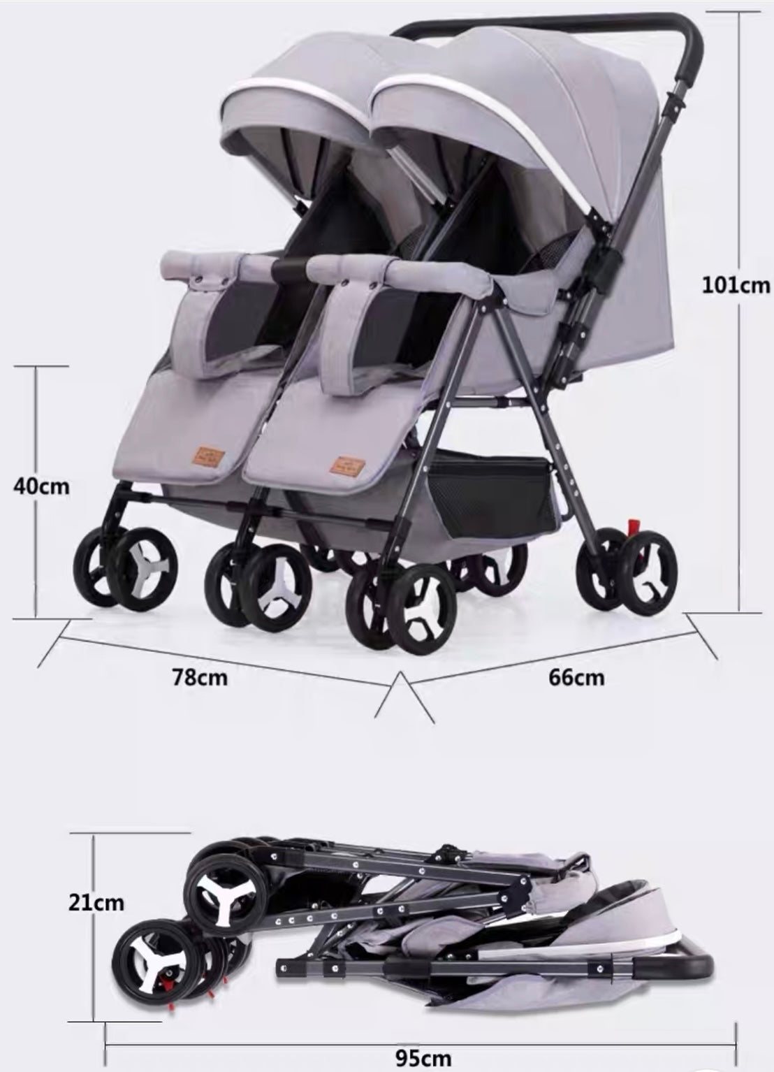 Black 2-Way Folding Compact Double / Twin Stroller + Rain Cover