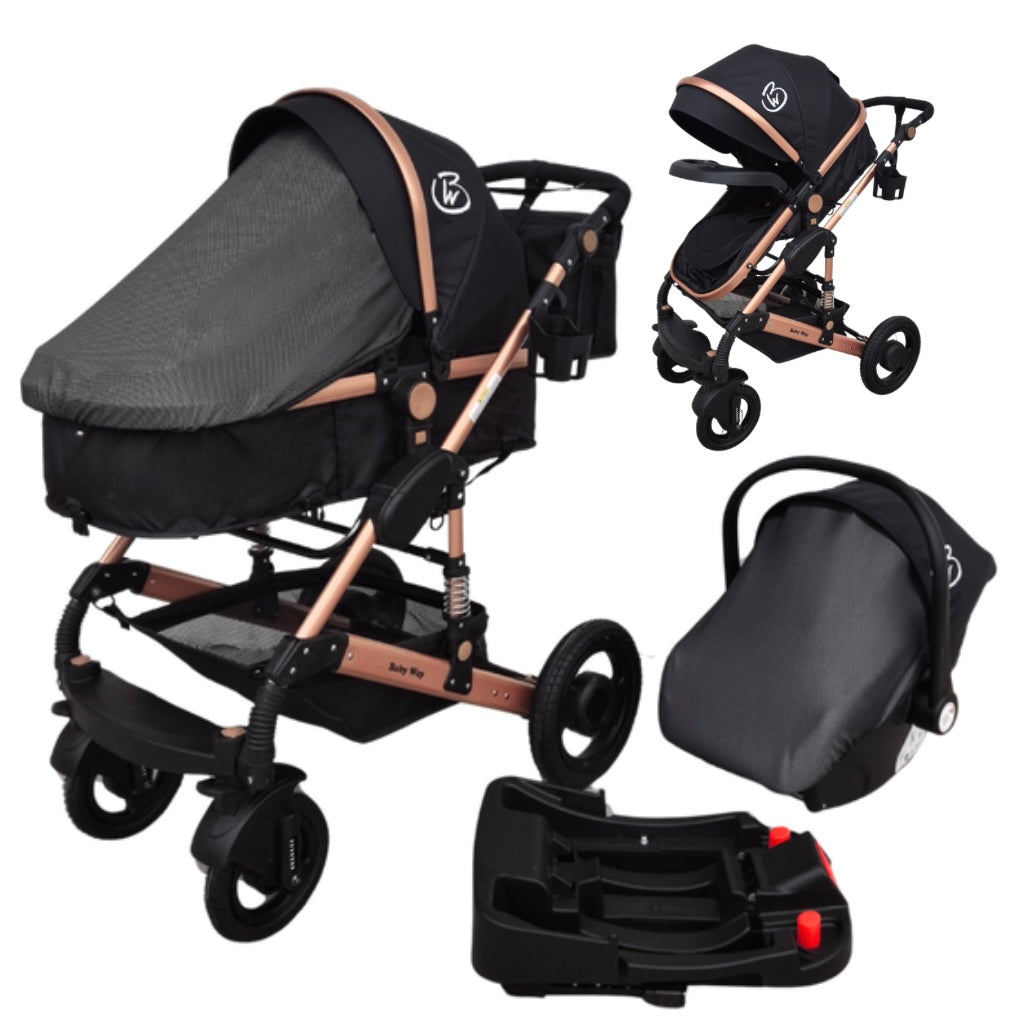 Ultra - 3 in 1 Stroller + Bassinet + Capsule Combo with Sunshade Sets and Food Tray - Black Gold