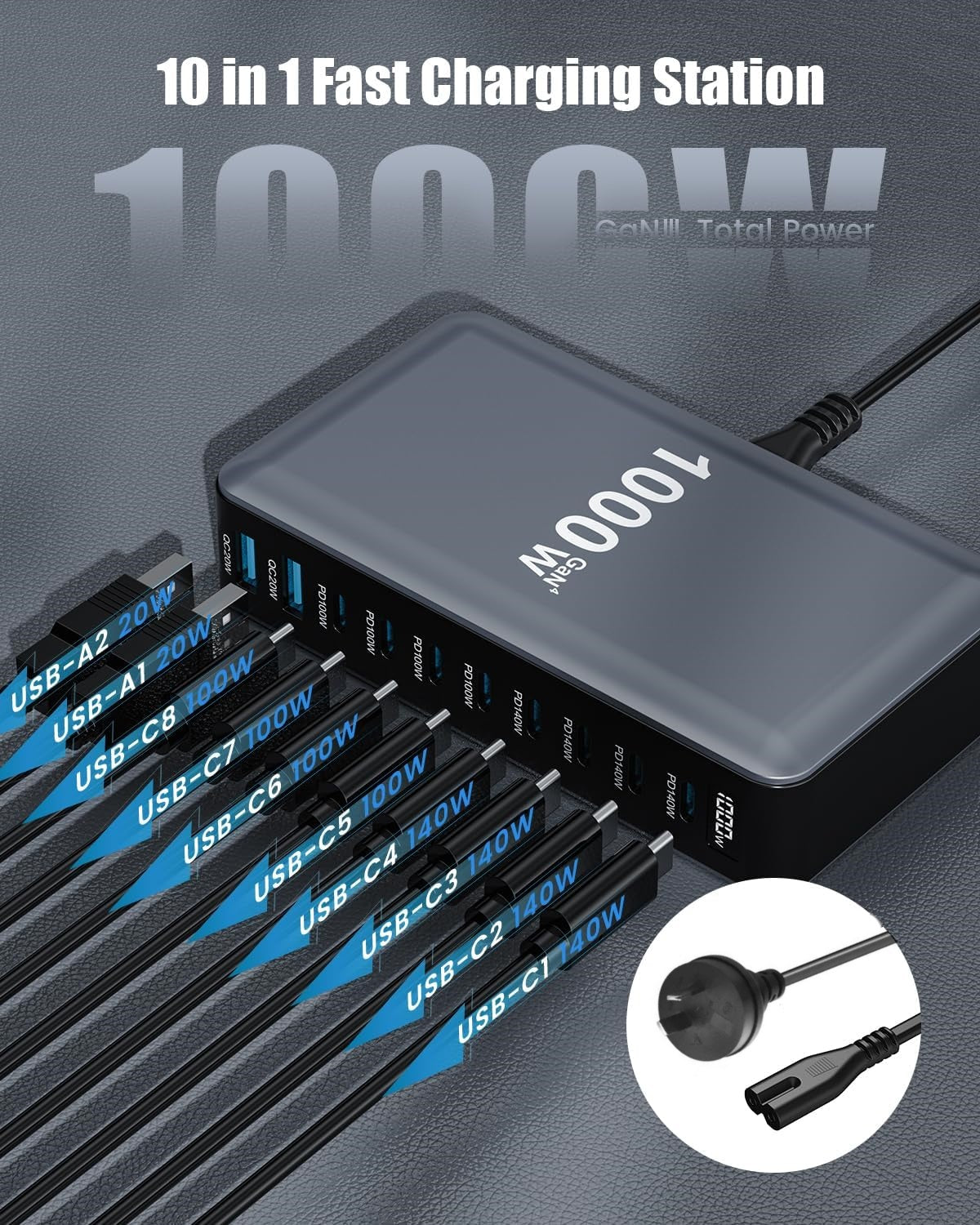 1000W 10-Port USB C Fast Charging Station Wall Adapter