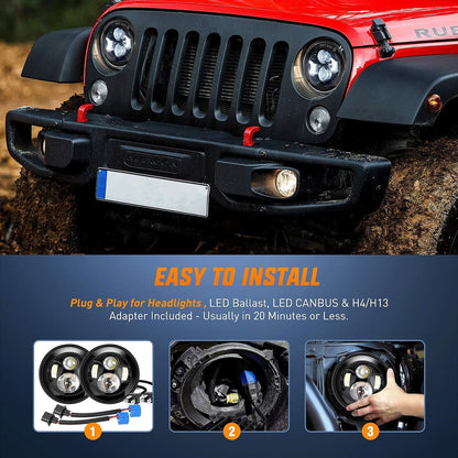 Pair 7'' Inch Round LED Headlights For Jeep Wrangler TJ JK 1997-2017 Motorcycle