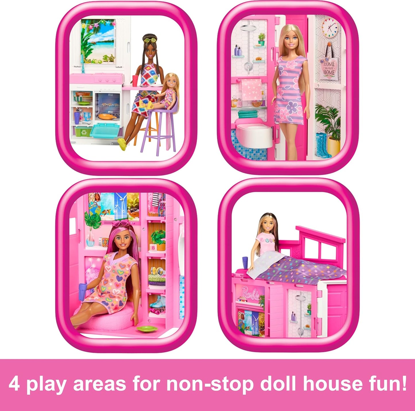 Four views of a dollhouse with dolls inside, featuring different rooms.