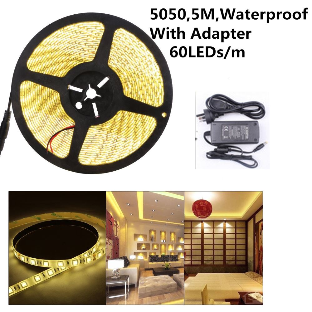 5M Warm White 5050 12V Led Strip Light with Power Adapter - salelink.co.nz