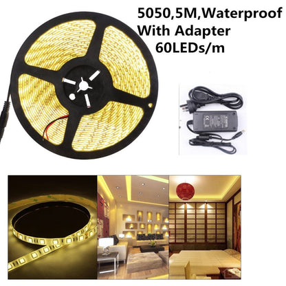 5M Warm White 5050 12V Led Strip Light with Power Adapter - salelink.co.nz
