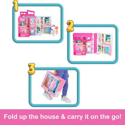 Toy house set with open doors, held by a person, and folded up for portability.