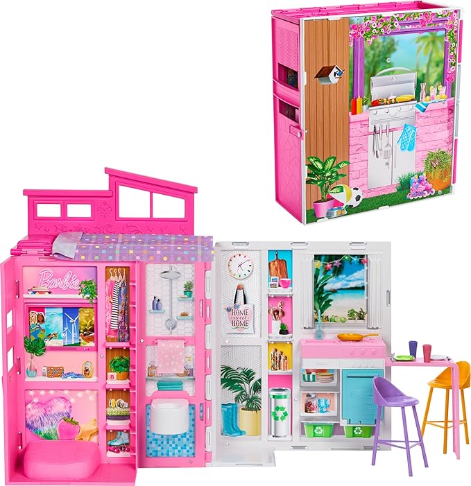 Barbie house with various rooms and furniture on a white background