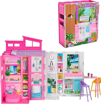 Barbie house with various rooms and furniture on a white background