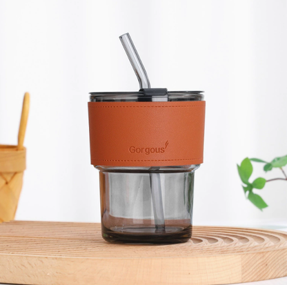 380ml Glass Water Bottle with Lid and Straw (1pc)