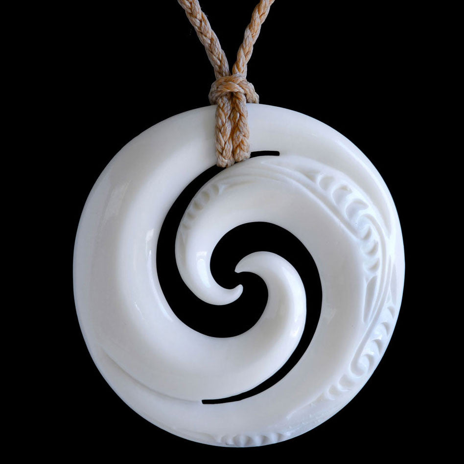 Engraved medium Double Koru, handcrafted bone pendant
