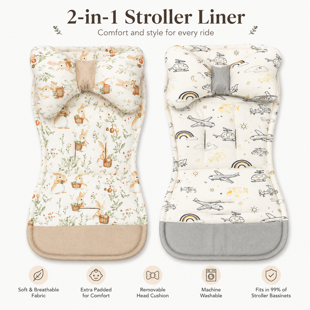 Baby Stroller & Bassinet Comfort Liner with Removable Head Cushion