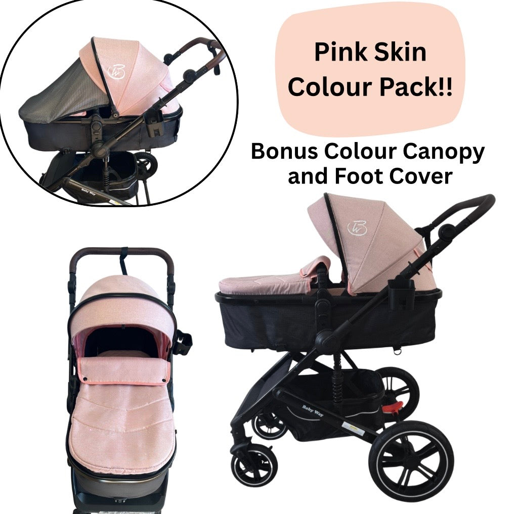 Evolve X - 3in1 Stroller + Bassinet + Capsule Travel System with Sunshade Sets & Food Tray & Pink Colour Pack