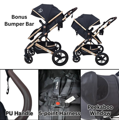 Preorder - Supra 3-in-1 Travel System – Stroller + Bassinet + Capsule Car Seat and Mattress - Black Gold + Colour Options