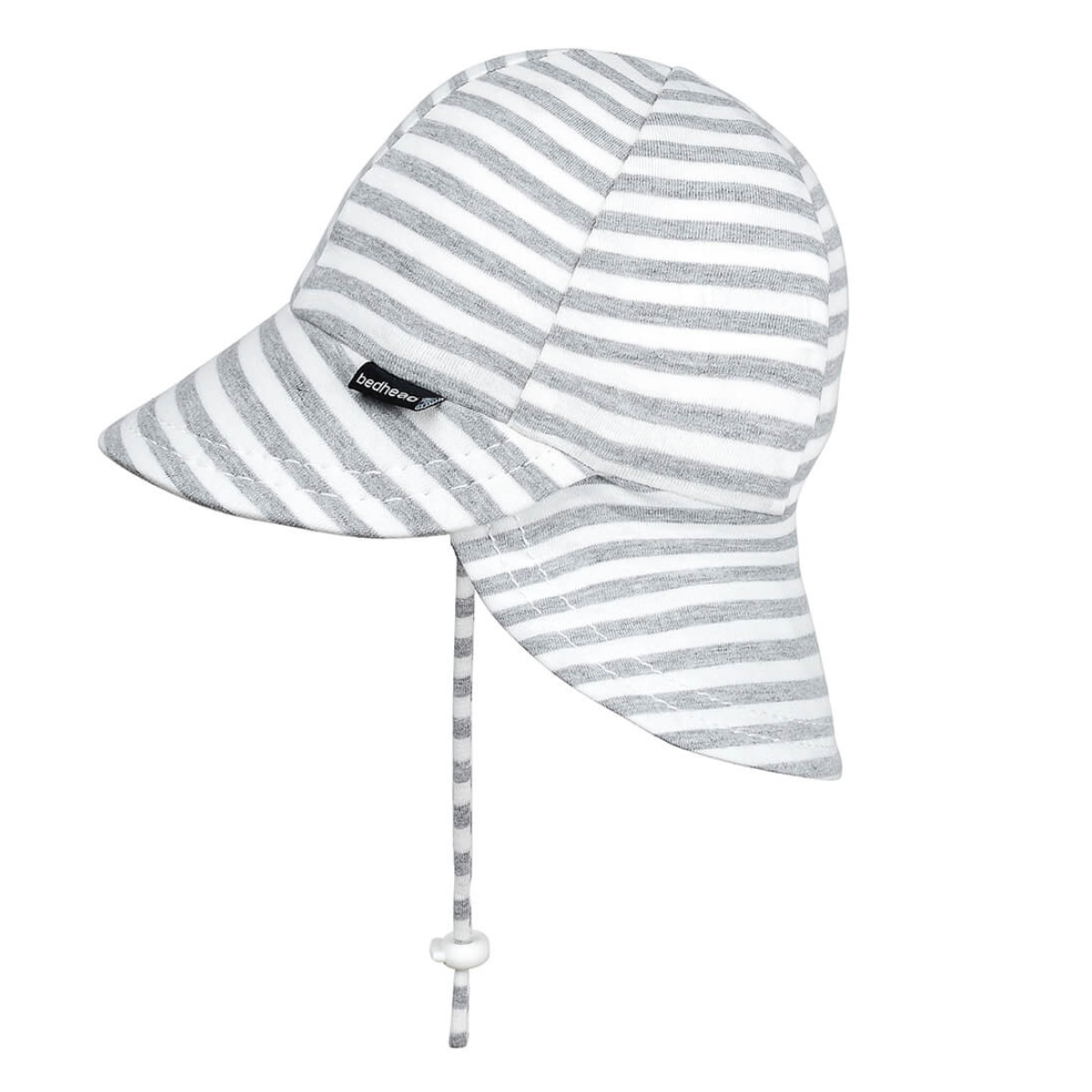 Striped baby hat with a drawstring on a white background