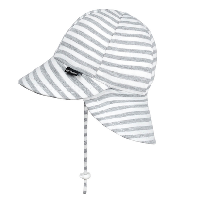 Striped baby hat with a drawstring on a white background