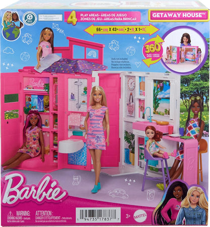 Barbie Getaway House toy set packaging with dolls and furniture