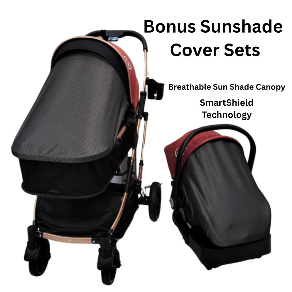 Gold Series 3-in-1 Travel System – Stroller + Bassinet + Capsule and Food Tray - Red/Gold