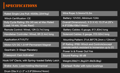 X-BULL Electric Winch 4500LBS/2041kg 12V Synthetic Rope Wireless Remotes ATV UTV Electric Winch