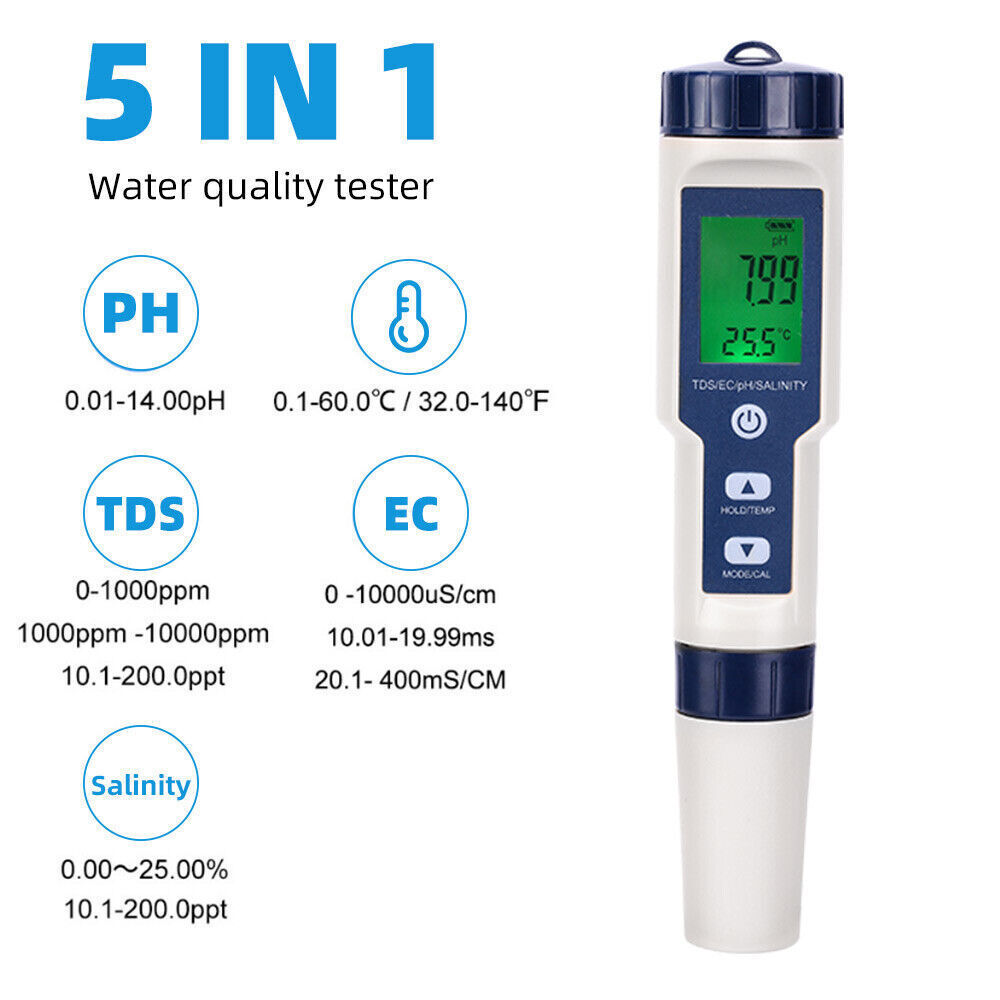 5 in 1 Pen Meter PH EC TDS Salinity Temp LCD Digital Water Quality Monitor Test - salelink.co.nz