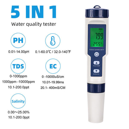 5 in 1 Pen Meter PH EC TDS Salinity Temp LCD Digital Water Quality Monitor Test - salelink.co.nz