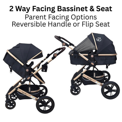 Preorder - Supra 3-in-1 Travel System – Stroller + Bassinet + Capsule Car Seat and Mattress - Black Gold + Colour Options