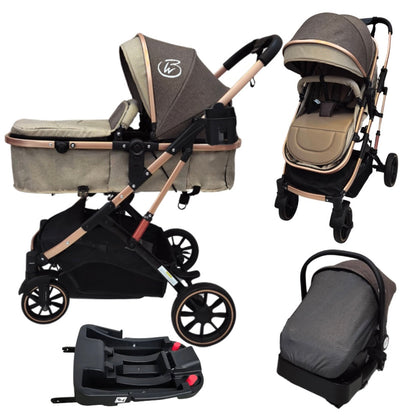 Gold Series 3 in 1 Travel System - Stroller + Bassinet + Capsule with Food Tray - Beige/Gold