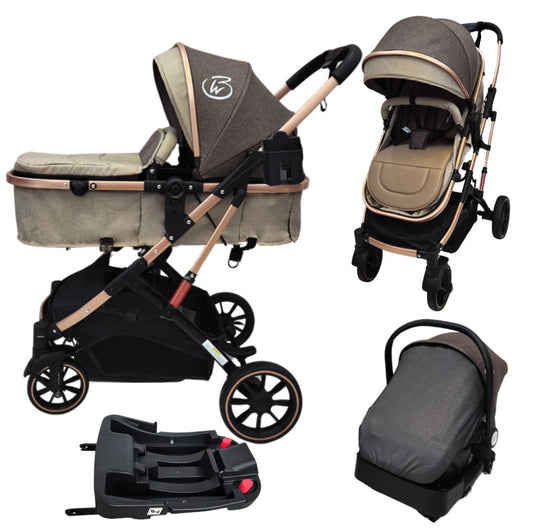 Gold Series 3 in 1 Travel System - Stroller + Bassinet + Capsule with Food Tray - Beige/Gold