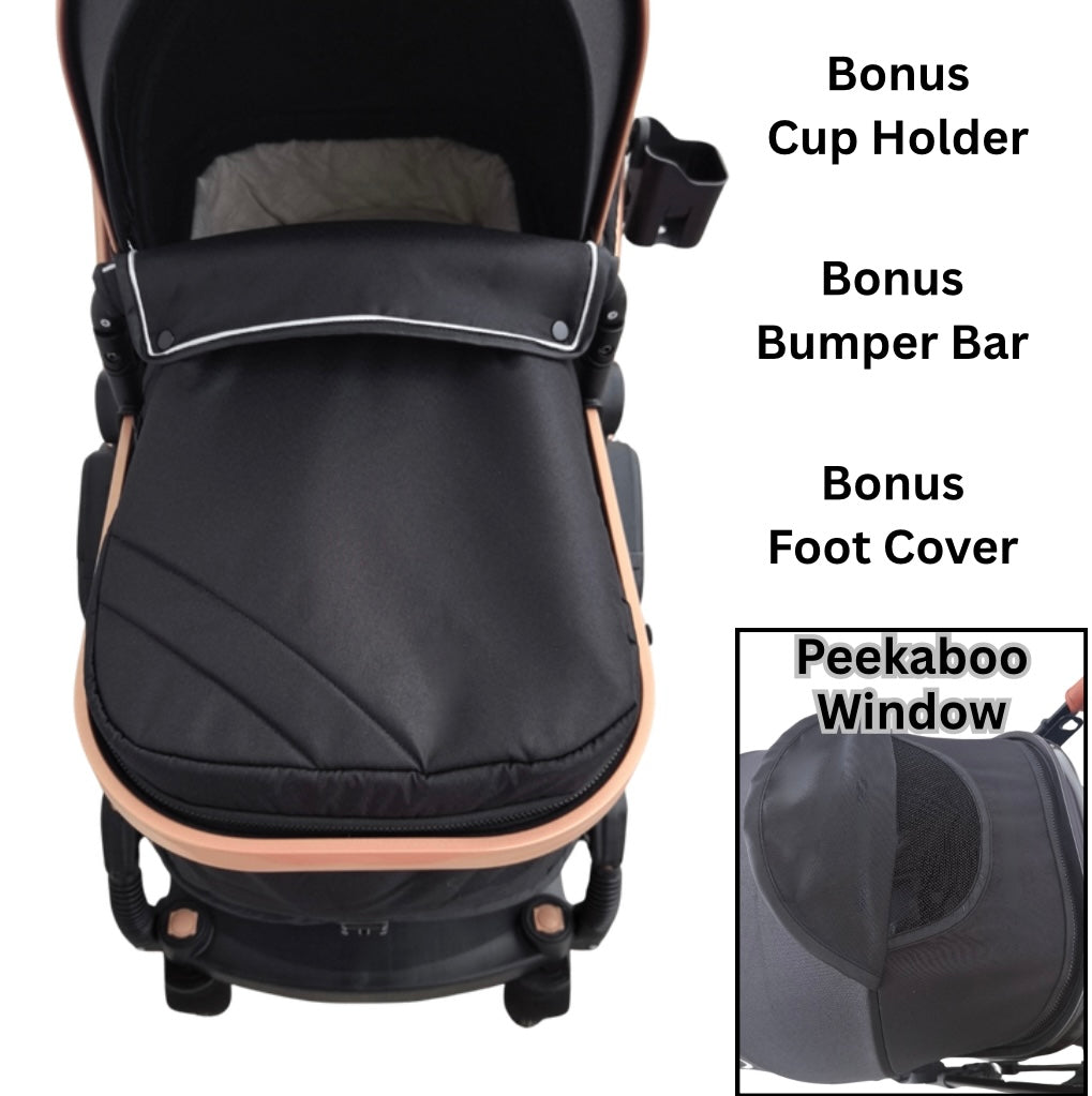 Ultra – 3 in 1 Stroller + Bassinet + Capsule Combo with Sunshade Sets and Food Tray - Black