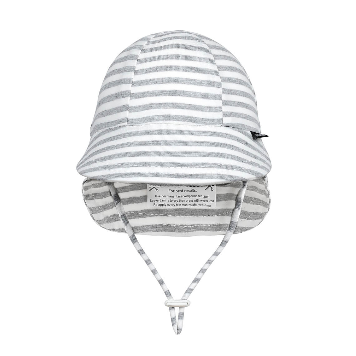 Striped baby hat with chin strap on a white background
