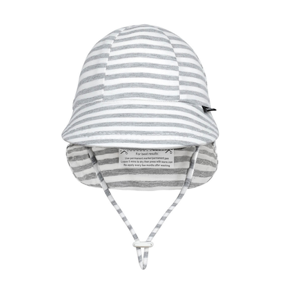 Striped baby hat with chin strap on a white background