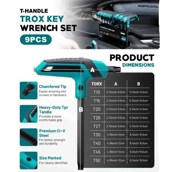 9 Piece T-Handle Torx Wrench Set T10–T50 Two-Tip Star Wrenches