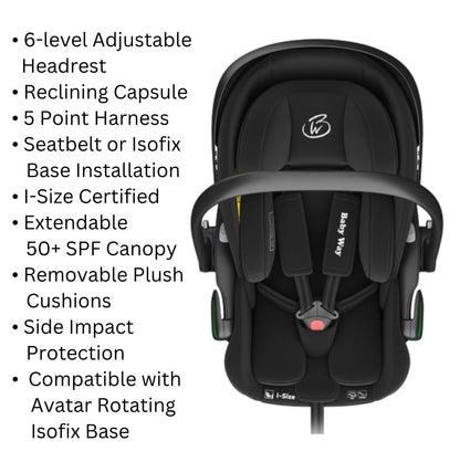 Crown i-Size Reclining Capsule Car Seat with 6-level Adjustable Headrest - BLACK