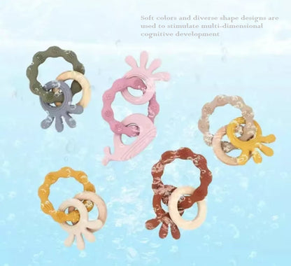 Soft Silicone & Wood Teether Toy – Pink or Green