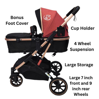 Gold Series 3-in-1 Travel System – Stroller + Bassinet + Capsule and Food Tray - Red/Gold