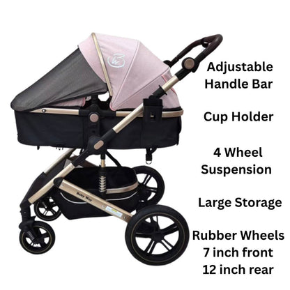 Preorder - Supra Pink Bundle - 4in1 Stroller Buggy + Bassinet + Capsule with ISOFIX Base Combo + Royal 360 Rotating Convertible Car Seat