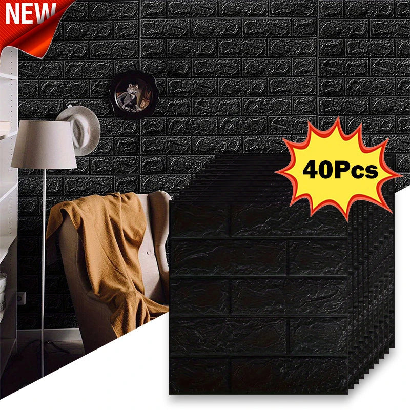 Black Brick Pattern Self-Adhesive Wallpaper (40 Pcs)