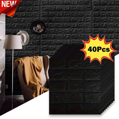 Black Brick Pattern Self-Adhesive Wallpaper (40 Pcs)