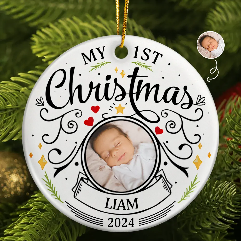 Custom Photo Baby First Christmas Parents - Personalized Circle Ceramic Ornament