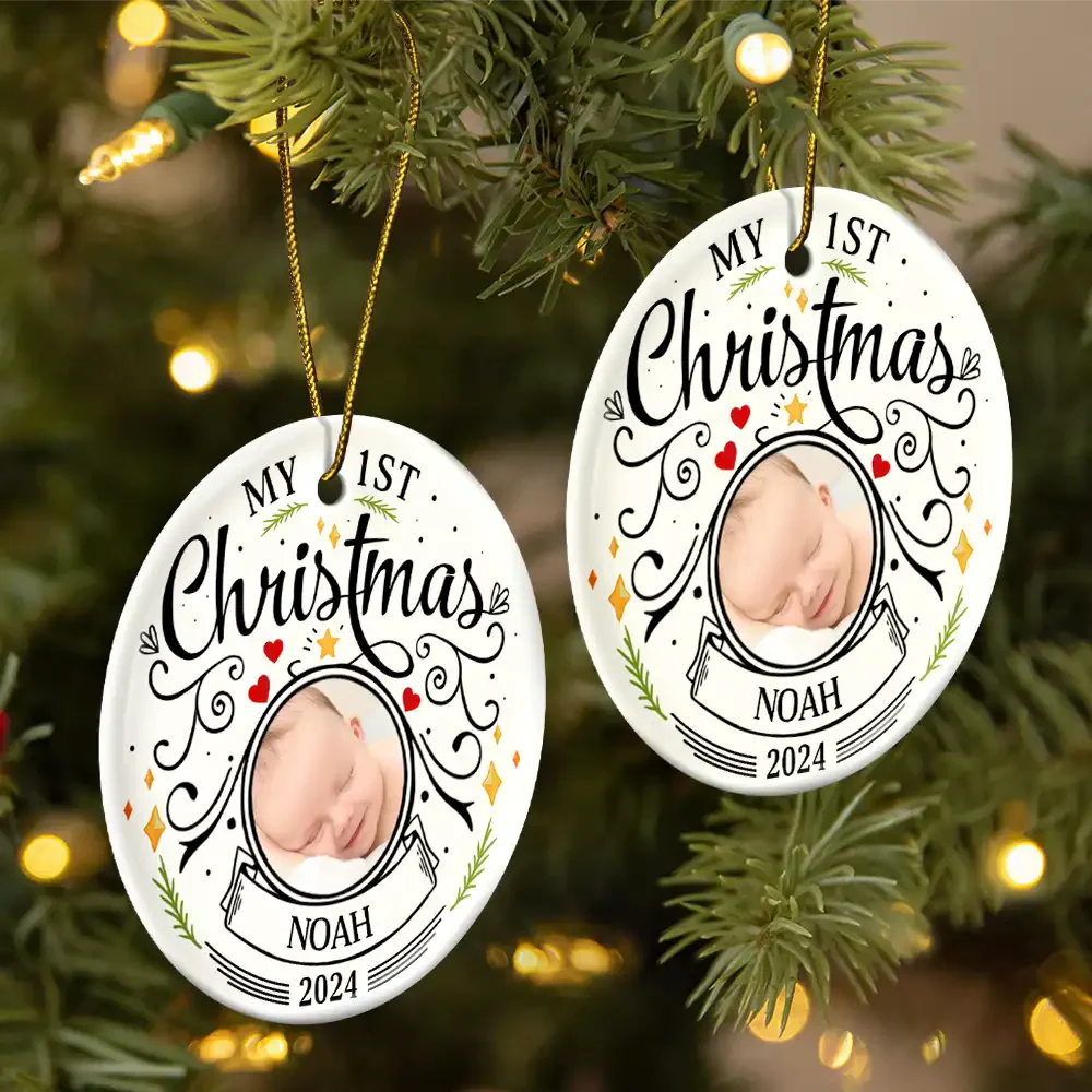 Custom Photo Baby First Christmas Parents - Personalized Circle Ceramic Ornament