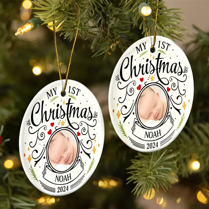 Custom Photo Baby First Christmas Parents - Personalized Circle Ceramic Ornament