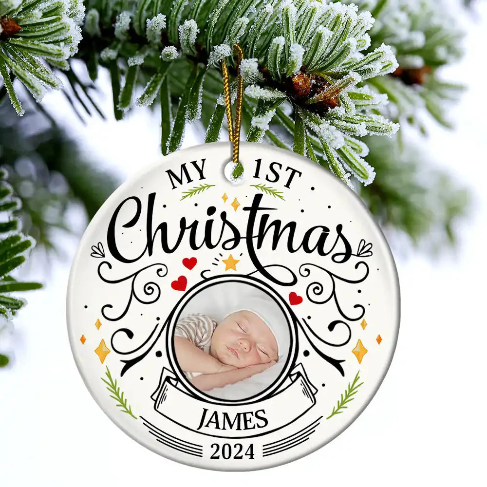 Custom Photo Baby First Christmas Parents - Personalized Circle Ceramic Ornament