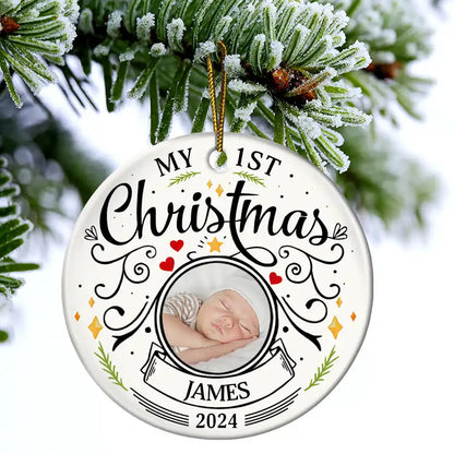 Custom Photo Baby First Christmas Parents - Personalized Circle Ceramic Ornament