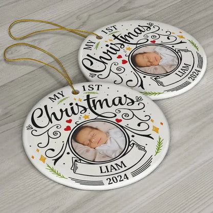 Custom Photo Baby First Christmas Parents - Personalized Circle Ceramic Ornament