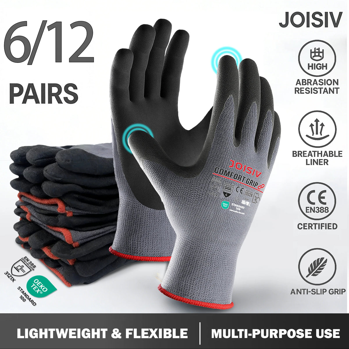 6/12 Pairs Heavy-Duty Nitrile Coated Work Gloves – Non-Slip Gardening & Construction Gloves