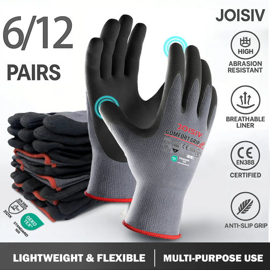 6/12 Pairs Heavy-Duty Nitrile Coated Work Gloves – Non-Slip Gardening & Construction Gloves