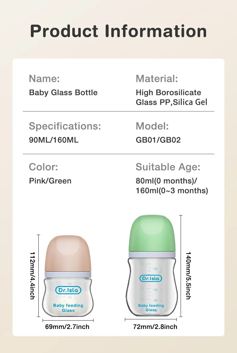 Glass Baby Feeding Bottle – Anti-Colic BPA-Free (90ml / 160ml)