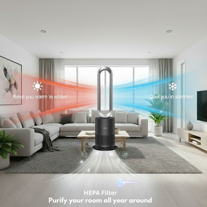 3-in-1 Bladeless Fan with Air Purifier & Heater for NZ Rooms – Silver/Grey | PureFlow