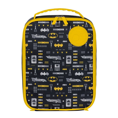 Batman-themed lunch bag with yellow accents on a white background
