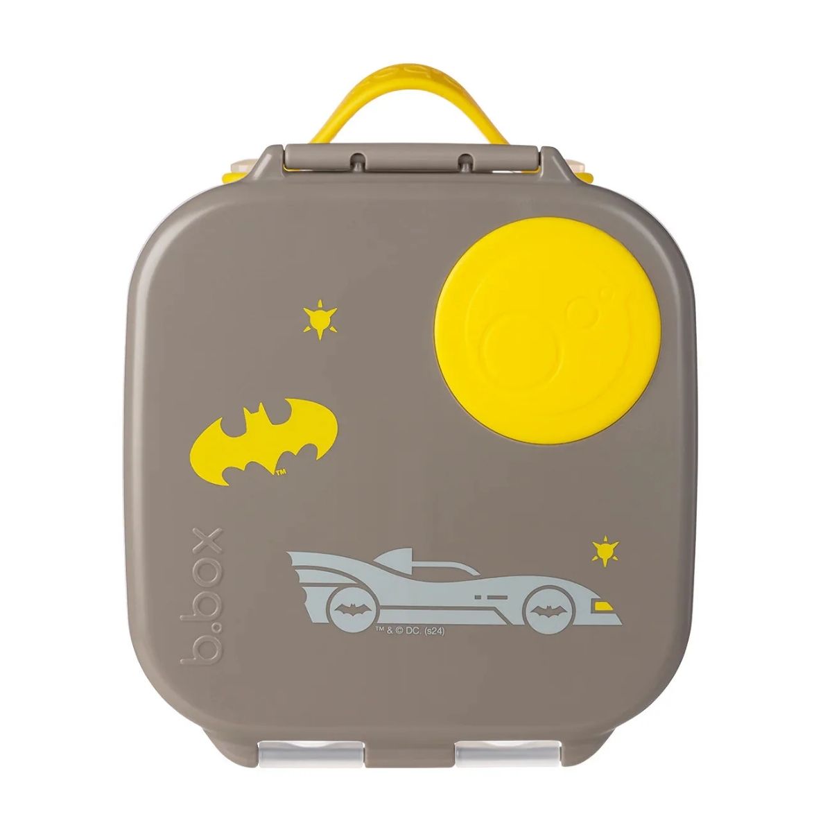 Grey mini lunchbox with yellow bat symbol and car illustration on a white background