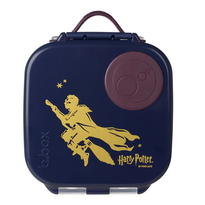 Navy blue lunch box with gold silhouette of a character and 'Harry Potter' branding.