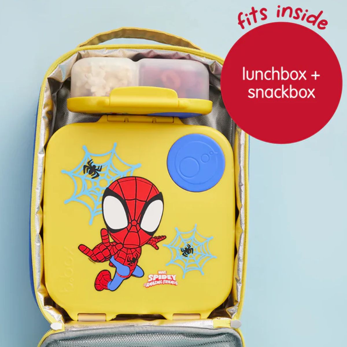 Yellow lunchbox with Spider-Man design on a light blue background